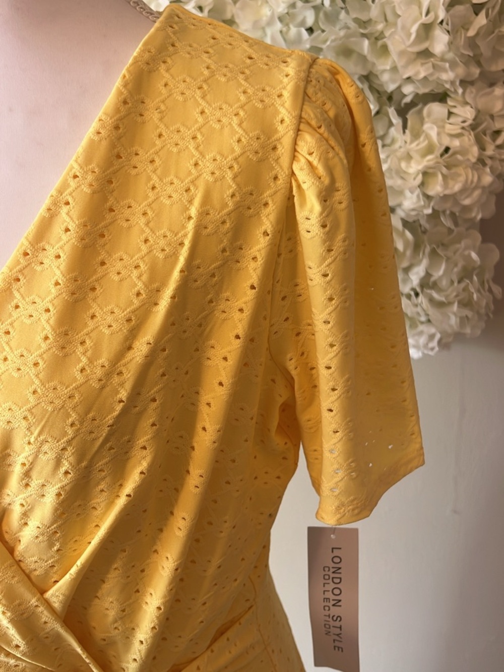 London Times Sunny Yellow Eyelet Wrap Midi Dress - Picture 4 of 10